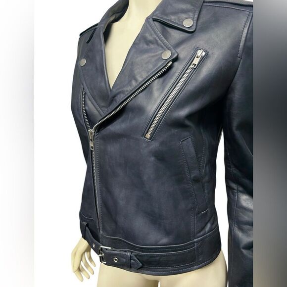 NWT Theory Speed Leather Jacket Dark Navy Blue Asymmetrical Zip Style Sahral - Picture 9 of 16